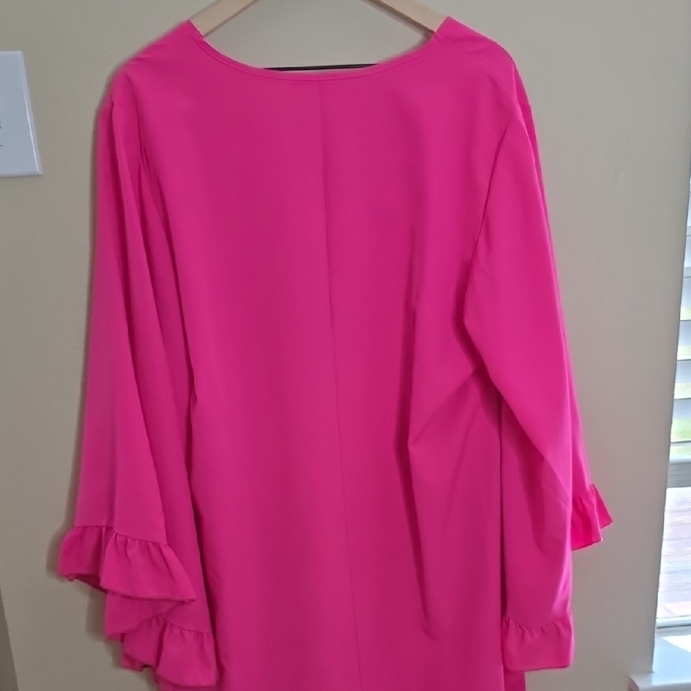 Hot Pink Bell Sleeve Boho Ruffle  Hem Shift Dress V-Neck Mini Size2XL Barbiecore - Picture 7 of 8